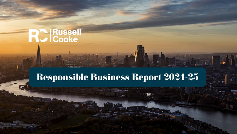 River Thames and City of London Skyline photograph, with the Russell Cooke Responsible Business Report 2024/5 graphics overlaid
