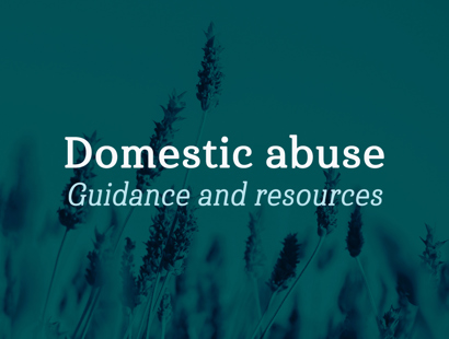 The words "Domestic abuse guidance and resources" sits on top of an image. The image is of lavender with a green transparency overlay. 