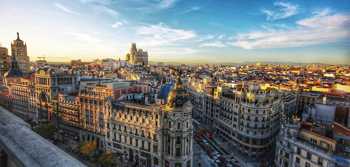 Sunset ariel view of central Madrid 