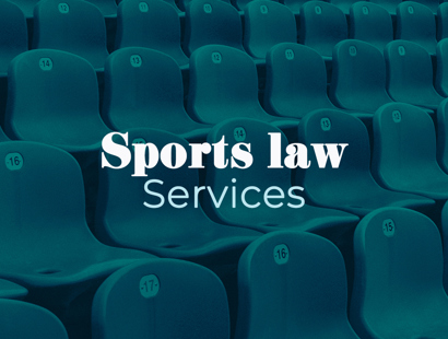 Sports lawyers London. A row of seats in a stadium with a green transparent overlay with the words 'Sport law services'