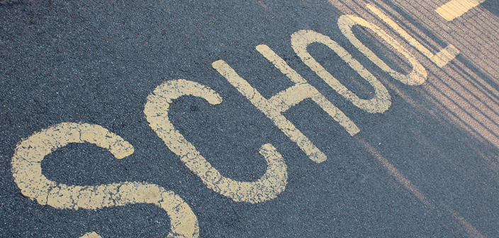 Road marking with the words 'School' in yellow. Judicial review and LGSCO complaints with local authorities